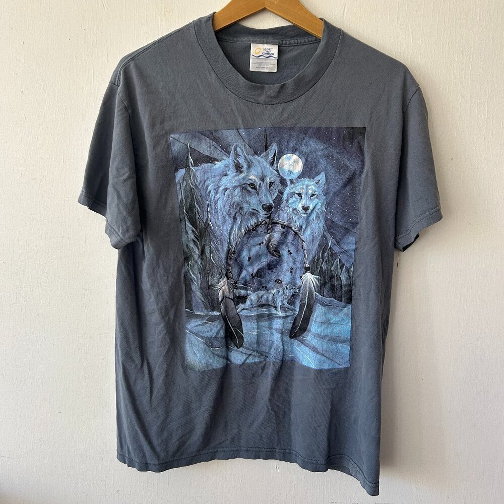 Wolf T-shirt Adult Medium Blue Gray Short Sleeve Graphic Tee Alaska Wolves Moon‎